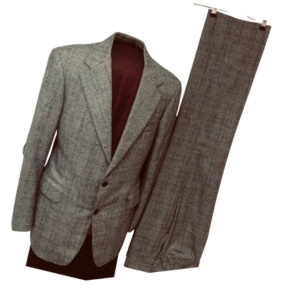 Vintage Syms Mens Glen Plaid Suit Gray Red Check Wool Blend 40L 42L Mens 34x33